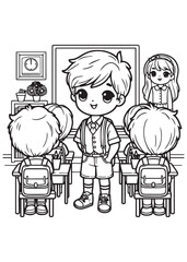 Coloring book cute boy in front of class