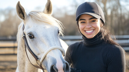 Indian woman in black turtlenecks and equestrian attire with white horse
