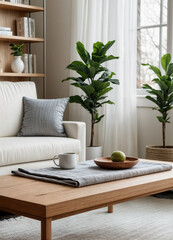 A serene living room setup featuring a cozy sofa with cushions, a wooden coffee table with a fruit bowl and mug, and lush green plants, all bathed in soft natural light from a nearby window