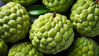 Fototapeta premium Flat Lay Top View of Bright Ripe Fragrant Green Custard apple Fruit as Background