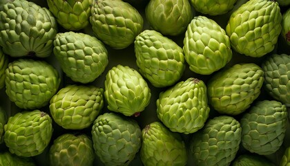 Fototapeta premium Flat Lay Top View of Bright Ripe Fragrant Green Cherimoya Fruit as Background