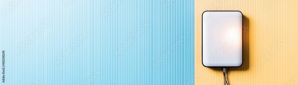 Poster a minimalist image featuring a light fixture against a split-colored background of blue and yellow, 