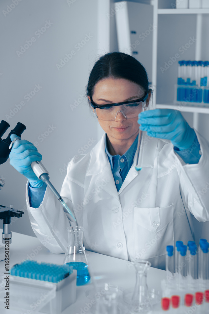 Poster A skilled female scientist is conducting a complex experiment with a precision pipette, ensuring accuracy and significantly contributing to advancements and expanding scientific knowledge