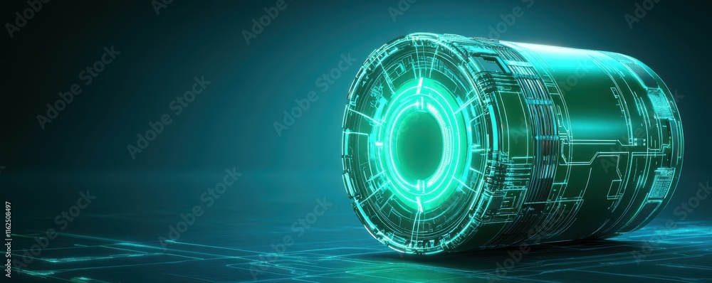 Poster a futuristic, glowing cylindrical object with intricate digital patterns and a vibrant green light, 