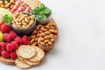 Artisanal foods showcase gourmet craftsmanship. Assorted snack platter with fruits, nuts, and crackers.
