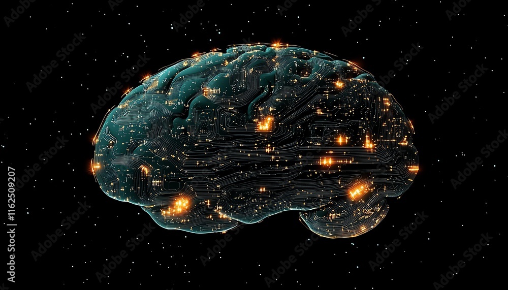 Leinwandbilder futuristic brain with interconnected circuit lines, showcasing agi s synergy between humanlike think