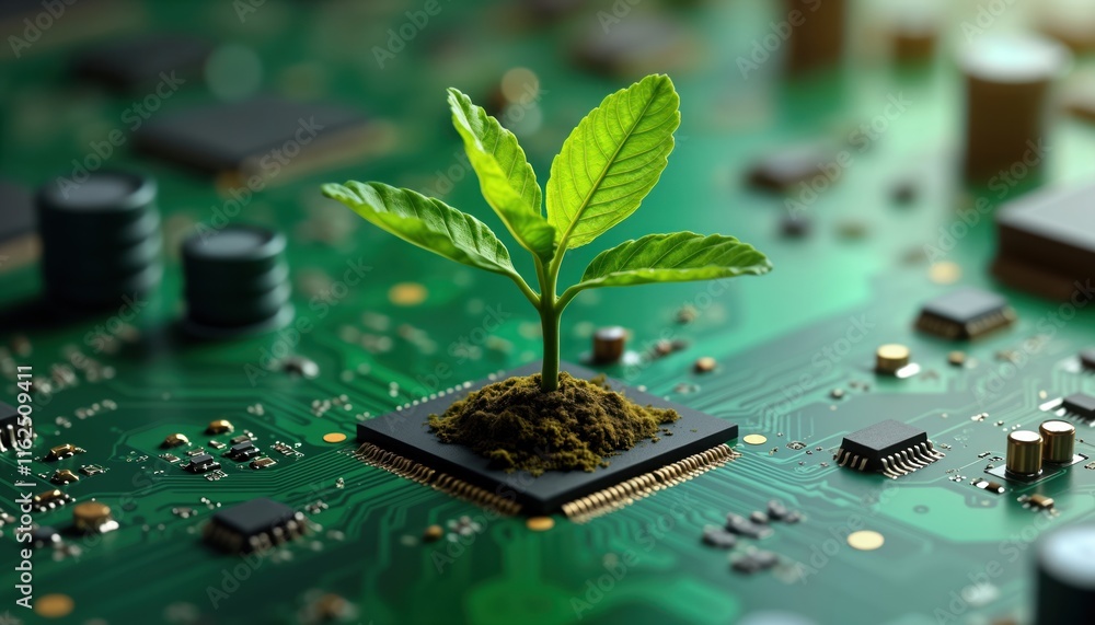Aufkleber Green sprout grows on computer circuit board. Eco-friendly tech concept. Sustainable. Environmentally conscious tech. Future of computing. Green computing. Growth in digital space. Nature meets
