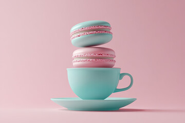 A pastel turquoise teacup stacked with macarons against a pastel background.