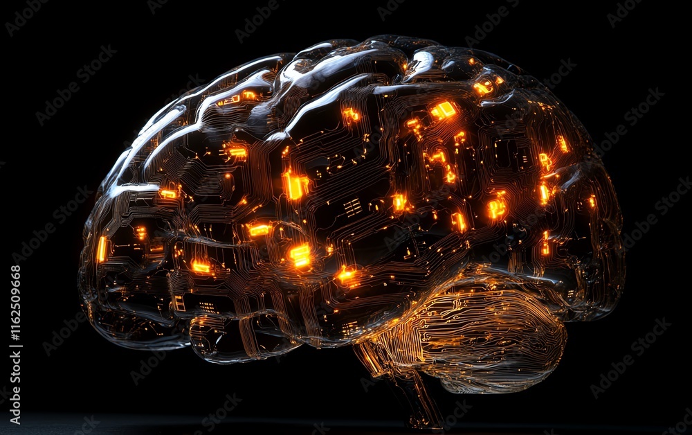Poster human brain with glowing circuit lines, symbolizing the perfect blend of agis cognitive abilities an