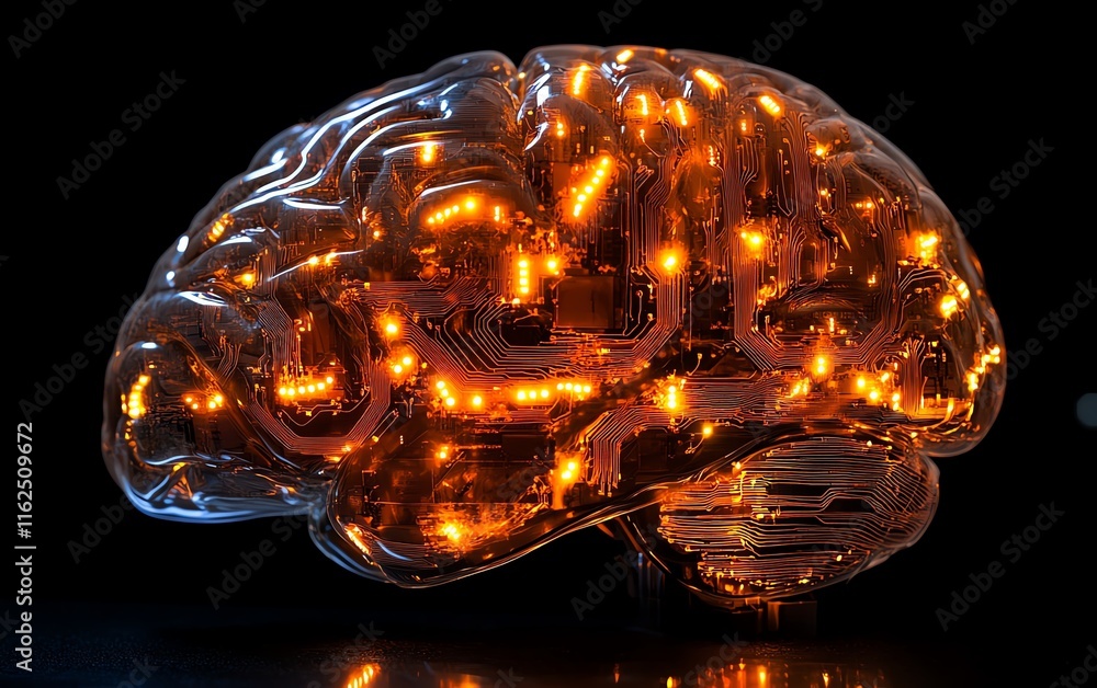 Aufkleber human brain with glowing circuit lines, symbolizing the perfect blend of agis cognitive abilities an