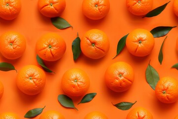 An arrangement of oranges and green leaves on an orange background. Seamless pattern.