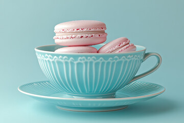 A pastel turquoise teacup stacked with macarons against a pastel background.