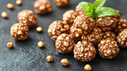 Obraz premium Close-up of chocolate truffles coated in gold leaf, scattered on a dark surface with mint leaves.