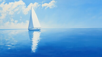 Obraz premium Solitary Sailboat Under a Summer Sky on Calm Waters