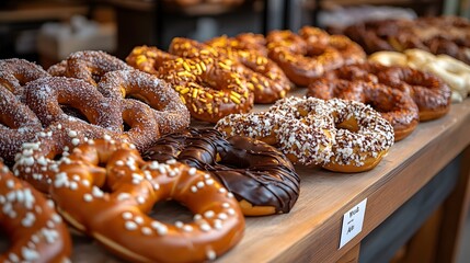 Vibrant Bakery Showcase of Sweet and Salty Pretzels: A Delicious Array of Tempting Treats