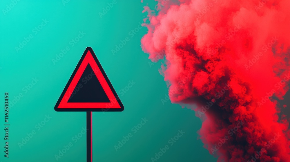 Poster a striking image featuring a red triangular warning sign against a vibrant background, complemented 