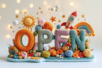 3D "OPEN" Sign in Crochet and Embroidery Style with Golden Border on White Isolate
