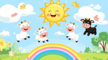 Happy Cows Flying in a Sunny Sky with Rainbow
