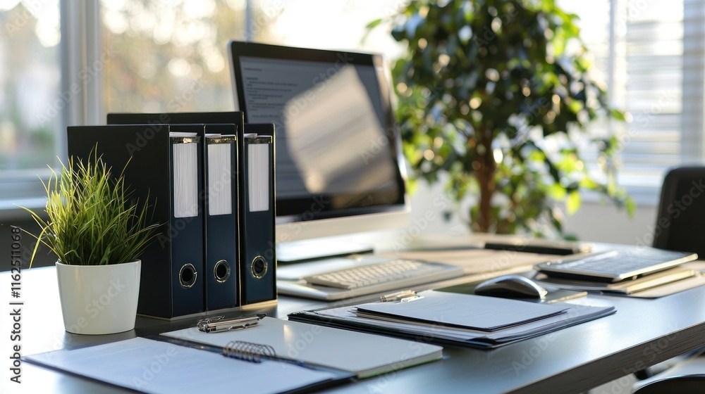 Poster organized office workspace with computer and files