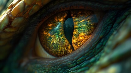 Obraz premium Majestic Fiery Dragon with Intimidating Scales and Glowing Eye in a Mythical Realm