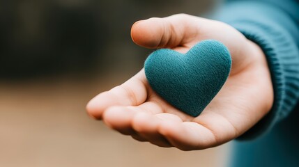 Fototapeta premium A close-up of a hand holding a textured teal heart symbolizes care and compassion, This image can be used for wellness campaigns, greeting cards, or articles about love and kindness,