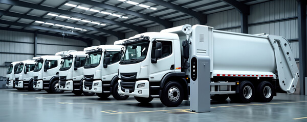 Electric garbage trucks parked in depot charging station. Modern eco-friendly transportation shown. Fleet of white vehicles ready for urban service. Clean energy infrastructure for sustainable