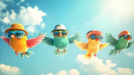 Four stylish birds fly joyfully in a summer sky