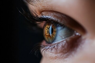 Close-up view of a human eye reflecting data and numbers in a dark environment showing technology awareness