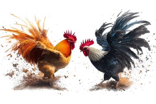 Two roosters locked in a fierce battle are realistically captured in a dynamic image, isolated against a pure white backdrop, highlighting their aggressive postures and sharp details