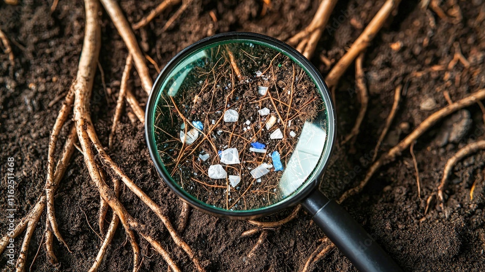Poster a close-up view of soil with microplastics visible through a magnifying glass, highlighting environm