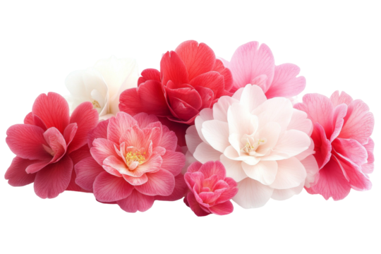 A beautiful arrangement of Camellia japonica flowers is artfully displayed against a pristine white background, showcasing their delicate petals and vibrant colors.