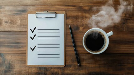 clipboard with checkmarks, cup of coffee, and pen on wooden table create productive atmosphere. This setup is perfect for planning and organization