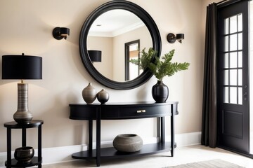 Contemporary Beige Foyer Design With Black Console Table And Round Mirror