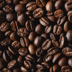 Fototapeta premium Seamless Pattern Of Freshly Roasted Coffee Beans, Close-Up View, Dark Food Background