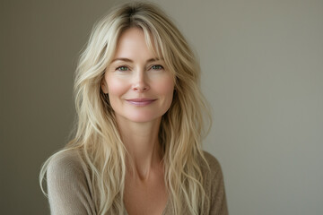 Fototapeta premium Portrait of a mature woman with long blonde hair and natural beauty, smiling softly against a neutral background