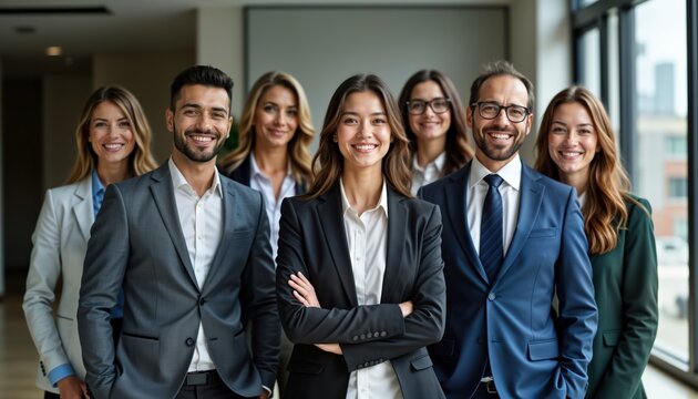 Group of diverse business professionals stand united in contemporary office space. Smiling confident team members look directly at camera. Teamwork, collaboration evident in professional attire.