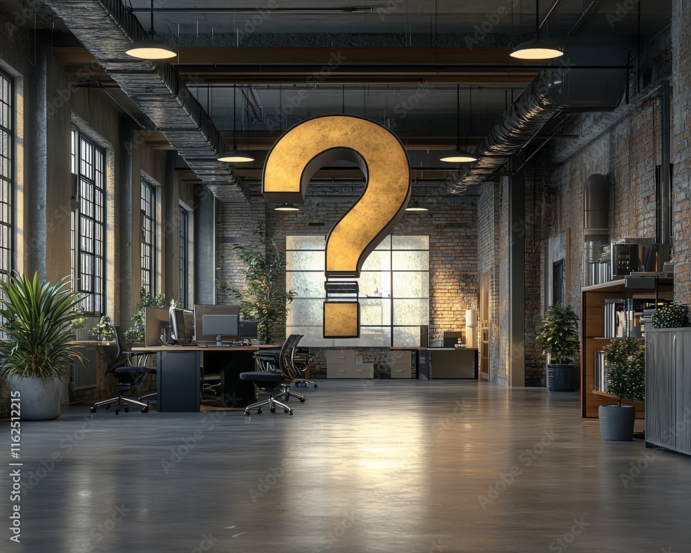 Poster modern office with a giant question mark, representing the uncertainty and unpredictability of futur