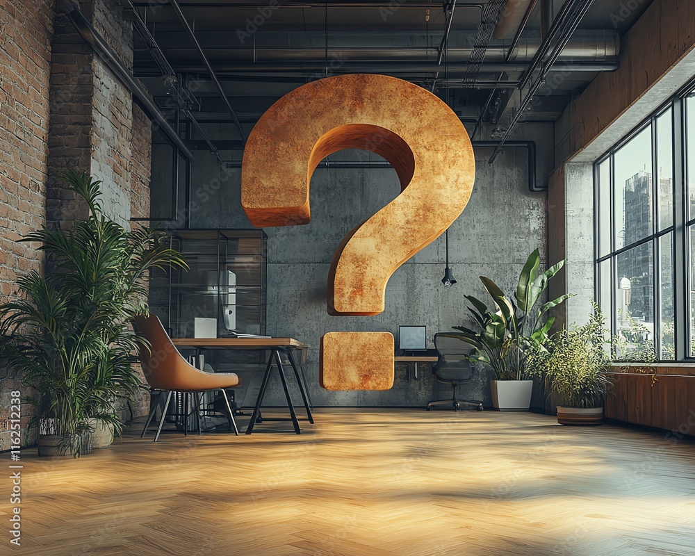 Poster modern office with a giant question mark, representing the uncertainty and unpredictability of futur