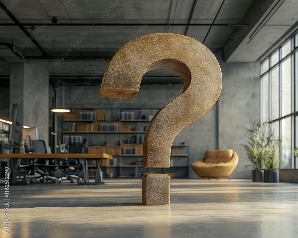 Poster modern office with a giant question mark, representing the uncertainty and unpredictability of futur