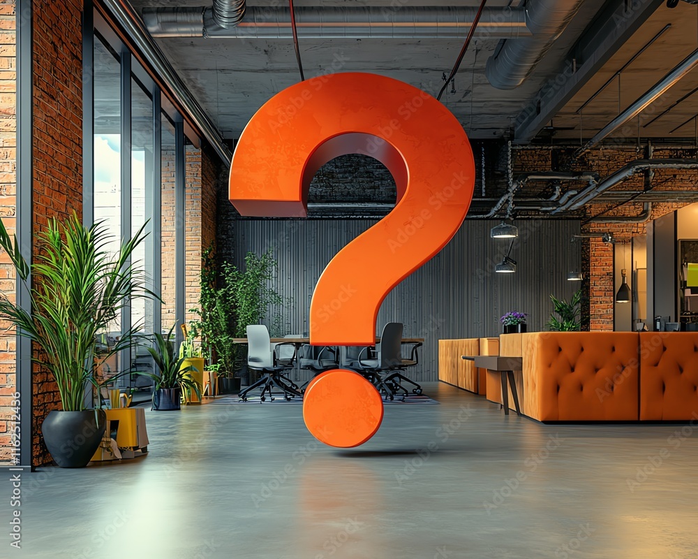 Poster a bold question mark in a contemporary office setting, symbolizing confusion and uncertainty in busi