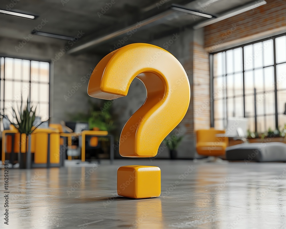 Poster a bold question mark in a contemporary office setting, symbolizing confusion and uncertainty in busi