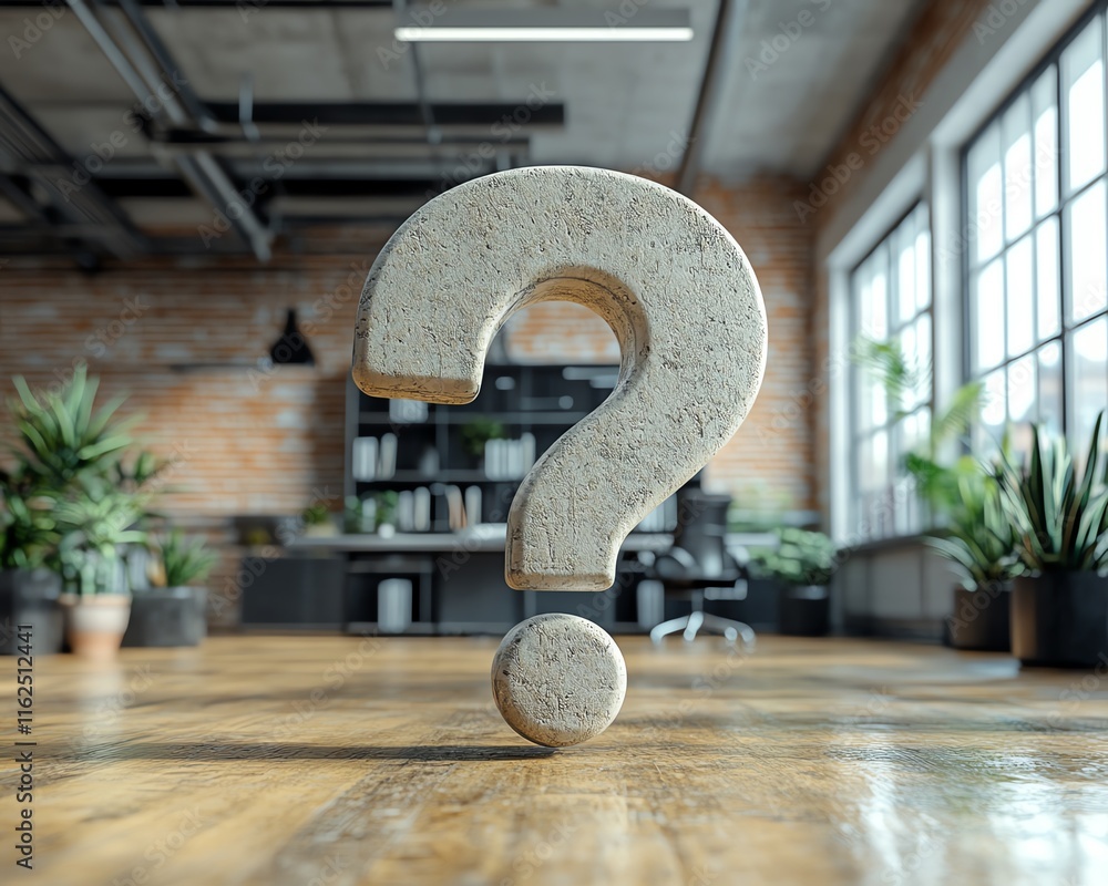 Poster a bold question mark in a contemporary office setting, symbolizing confusion and uncertainty in busi