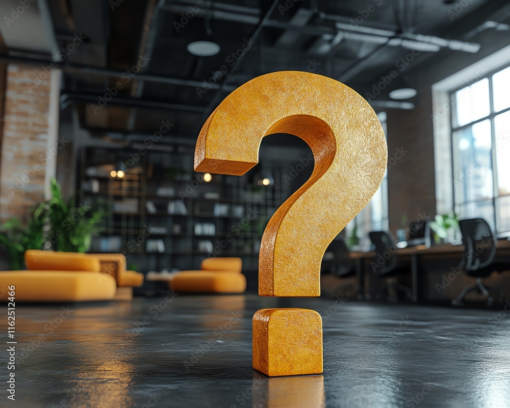 Poster a bold question mark in a contemporary office setting, symbolizing confusion and uncertainty in busi