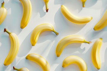 A collection of yellow bananas arranged in a repeating pattern on a white surface. Seamless pattern.
