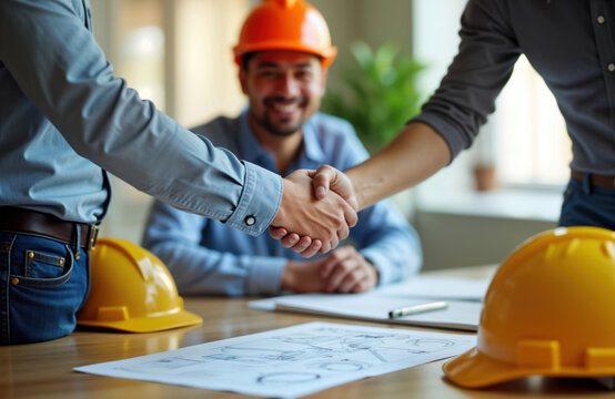 Happy Asian construction team shakes hands at office after successful home project. Collaboration, achievement highlighted. Builders discuss blueprints, complete deals. Project finished, signed.