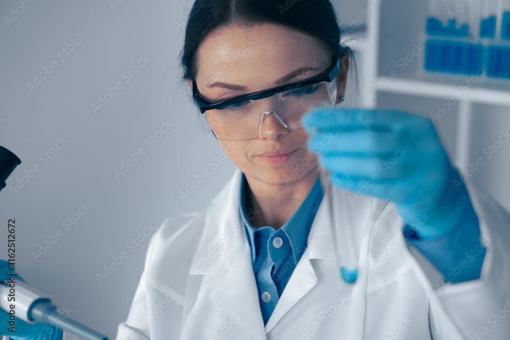 Poster in a cuttingedge lab merging biotechnology and chemistry, a skilled scientist examines a sample with