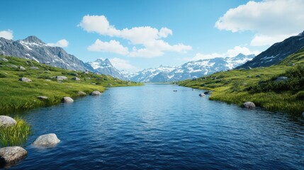 Naklejka premium Tranquil Body of Water Surrounded by Lush Greenery and Vibrant Flora Under a Bright Clear Sky Creating Peaceful Scene