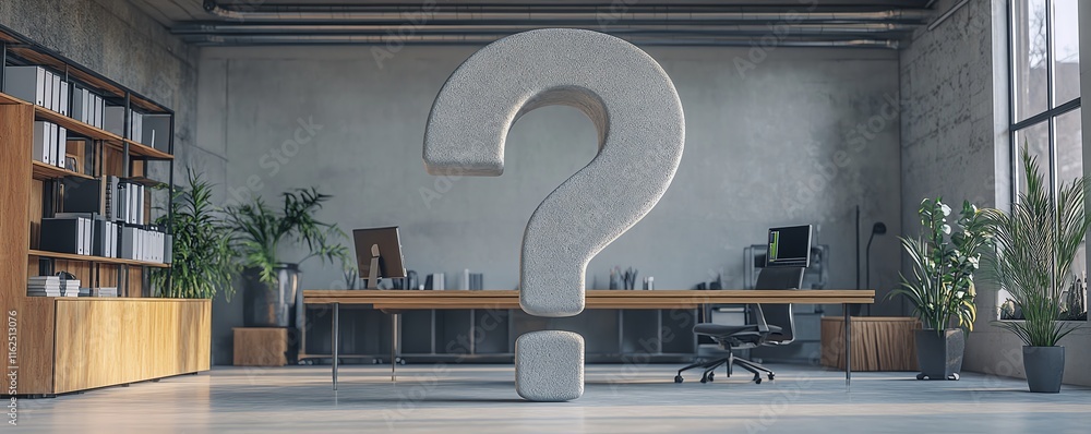 Poster a giant question mark in a minimalist office, representing uncertainty in business direction and the