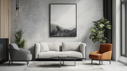 Modern Living Room Interior Design with Grey Sofa, Orange Armchair, and Mountain Landscape Artwork