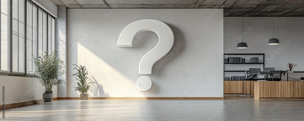 Poster a giant question mark in a minimalist office, representing uncertainty in business direction and the